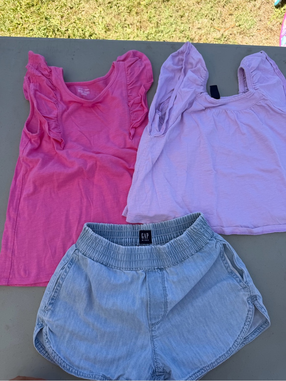 GAP Pink & Lavender Ruffle Sleeve Tank Tops with Light Denim Shorts